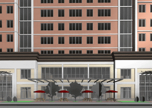 Street-level exterior rendering of Norristown Mixed Use Tower (view 1)